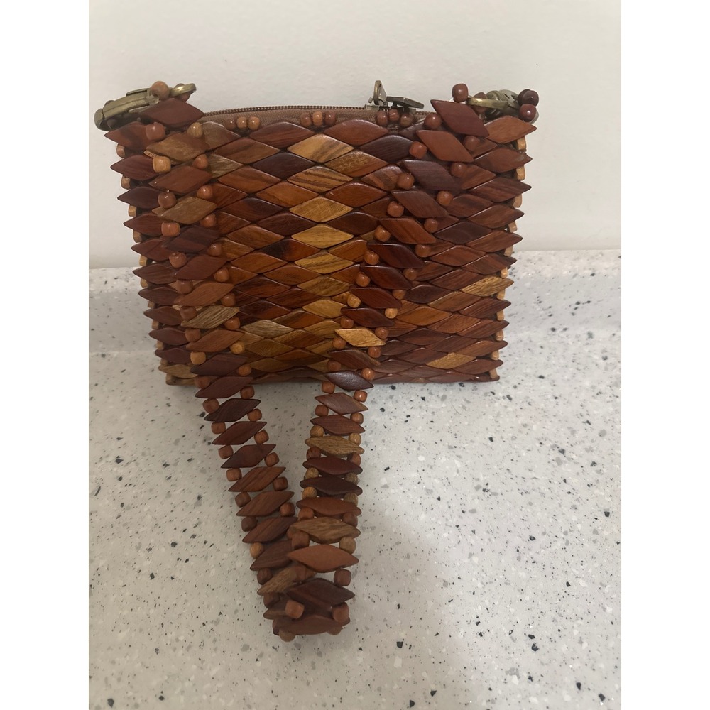 Vintage 1970s Handcrafted Brazilian Wooden Tiled Crossbody Bag - Signed Hardware